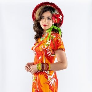 Polynesian Bamboo Raffia Flower Conical Tiki Hat Red Orange Yellow